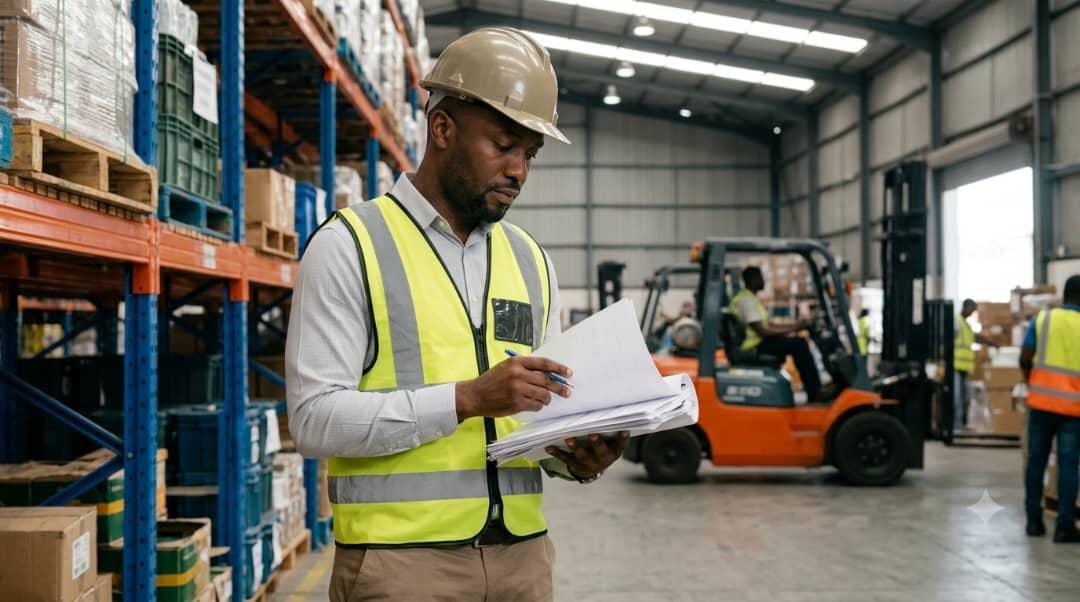 Procurement manager inspecting inventory and supplier documents in a warehouse before sourcing goods from Africa.